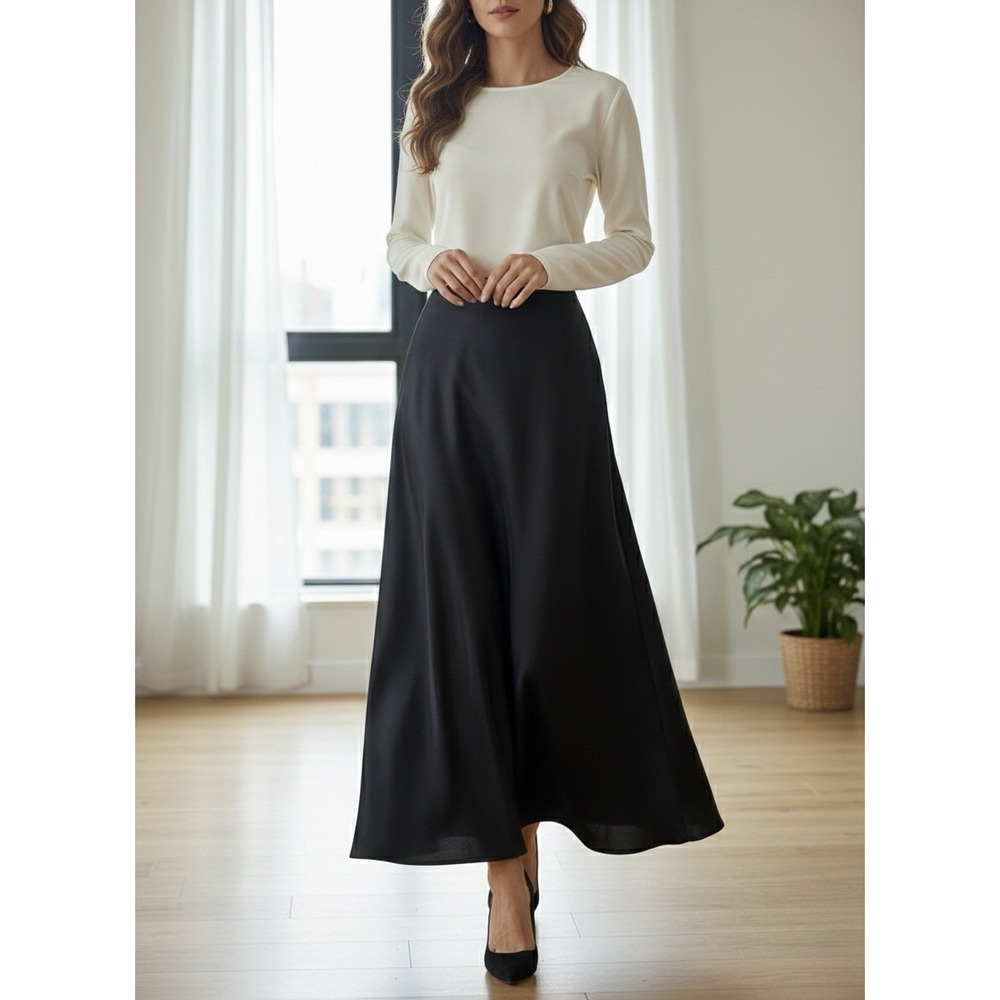 Scott McClintock Long Silky Sheen Romantic Flowy Black Skirt Formal ‎ 12P